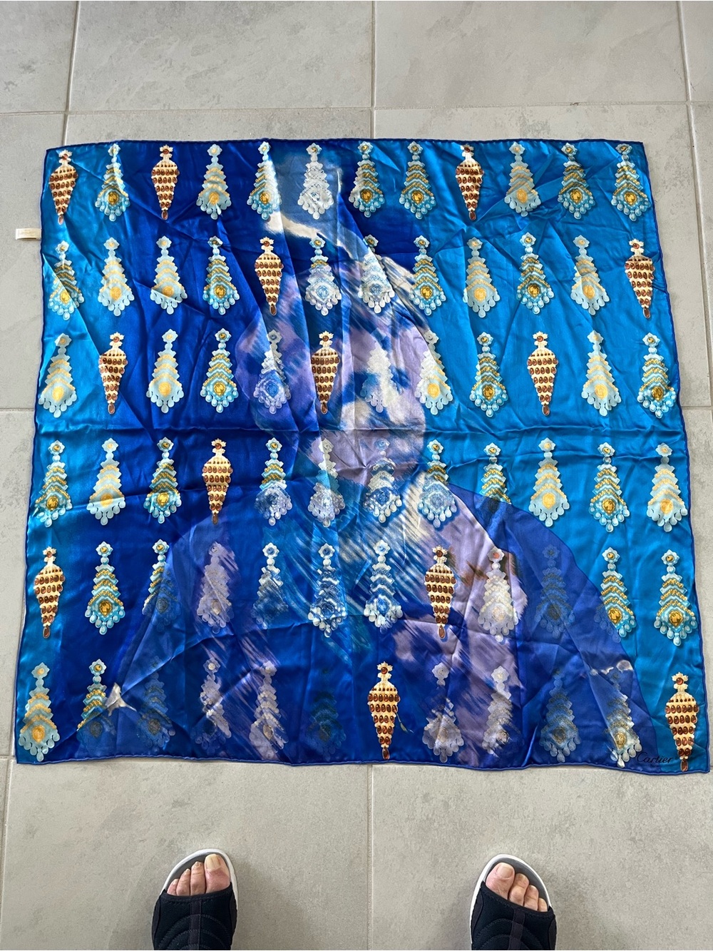Cartier Blue Chandelier Earring Scarf w/ Shadow Face in the Background